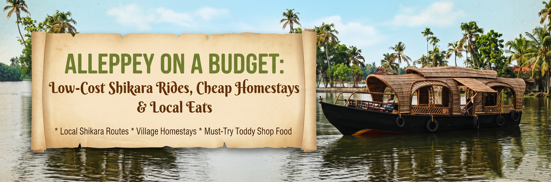 A long panoramic view of a traditional Kerala houseboat on a canal with coconut palms.