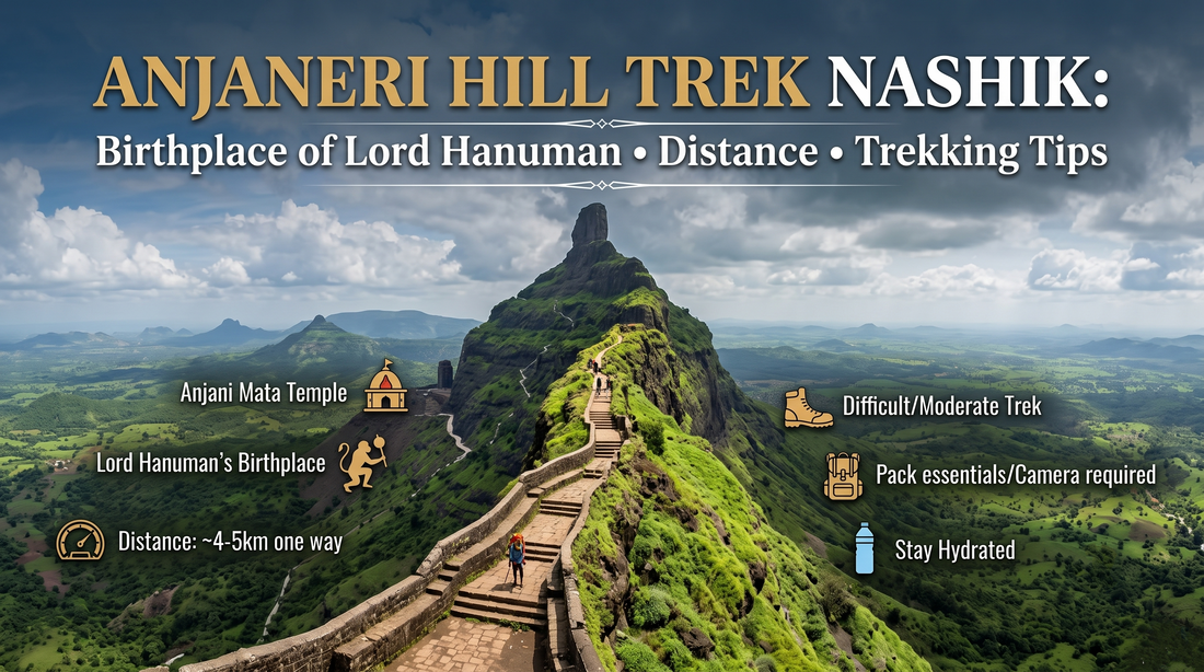 Anjaneri Hill Trek Nashik, Lord Hanuman’s Birthplace. A panoramic view of the steep, rocky mountain ridge with stone steps and informational trekking tips.