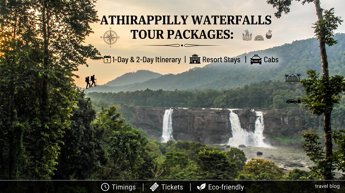 Tour package info for Athirappilly Waterfalls on a scenic view. Icons show itineraries, resorts, cabs, timings, and eco-friendly tips.