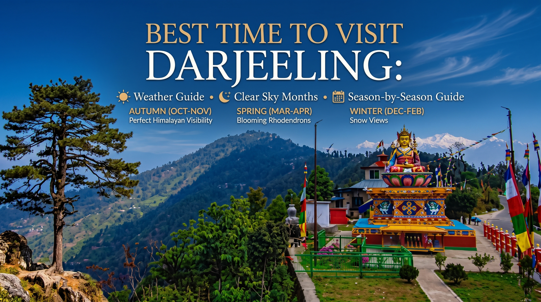 Text-based infographic for Darjeeling travel: Best Time to Visit, with weather, clear skies, and seasonal guides for Autumn, Spring, and Winter. Visual shows a large tree, mountains, a colorful Buddhist structure, and snow-capped peaks under a blue sky.
