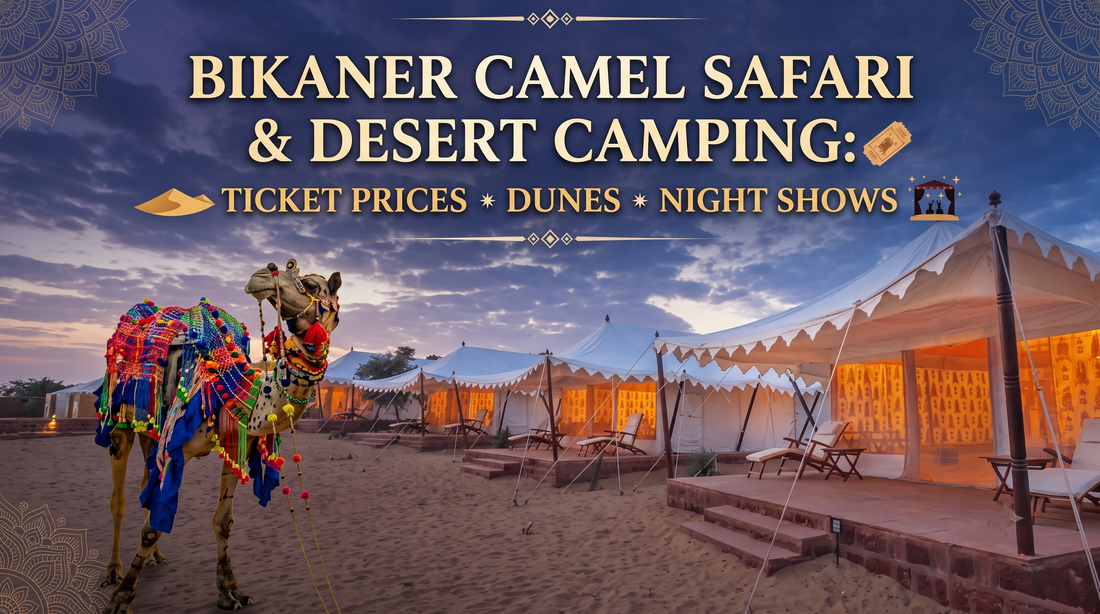A camel safari and desert camping guide banner at sunset. Features text links for ticket prices, dunes, and night shows.