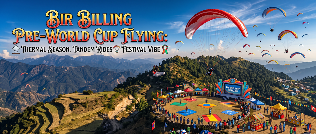 A panoramic view of many paragliders soaring over mountainous terrain and a festive landing site. Overlaid text reads: "Bir Billing Pre-World Cup Flying: Thermal Season, Tandem Rides, Festival Vibe".