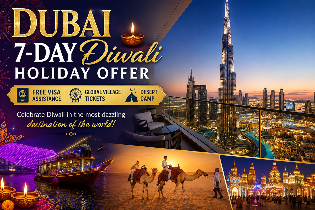 Promo image for Dubai Diwali holiday with city view, dhow cruise, camel ride, and Global Village.