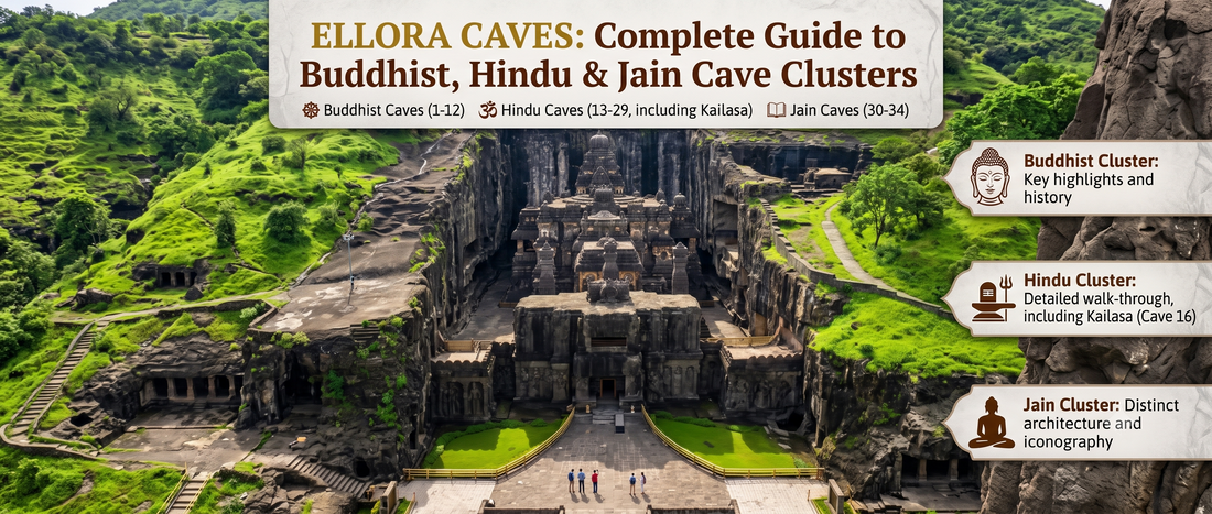 Panoramic view of the rock-cut Kailasa temple at the Ellora Caves. Text guide details the Buddhist, Hindu, and Jain cave clusters.