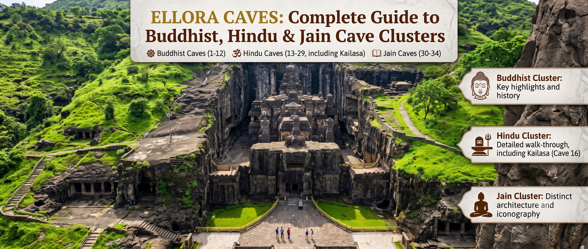Panoramic view of the rock-cut Kailasa temple at the Ellora Caves. Text guide details the Buddhist, Hindu, and Jain cave clusters.