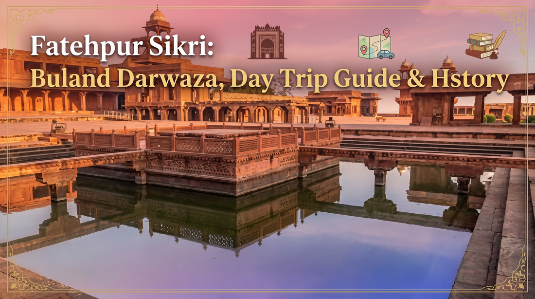 A graphic for Fatehpur Sikri featuring text guide details, with palace structures reflected in a large pool under a pink sky.  Icons of an archway, map with car, and stacked books frame the title and guide information at the top.