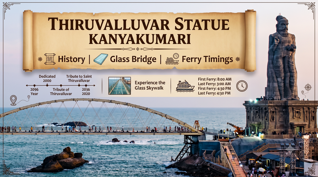 Detailed infographic for Thiruvalluvar Statue, Kanyakumari. Lists history, glass bridge, ferry timings, with location photos.