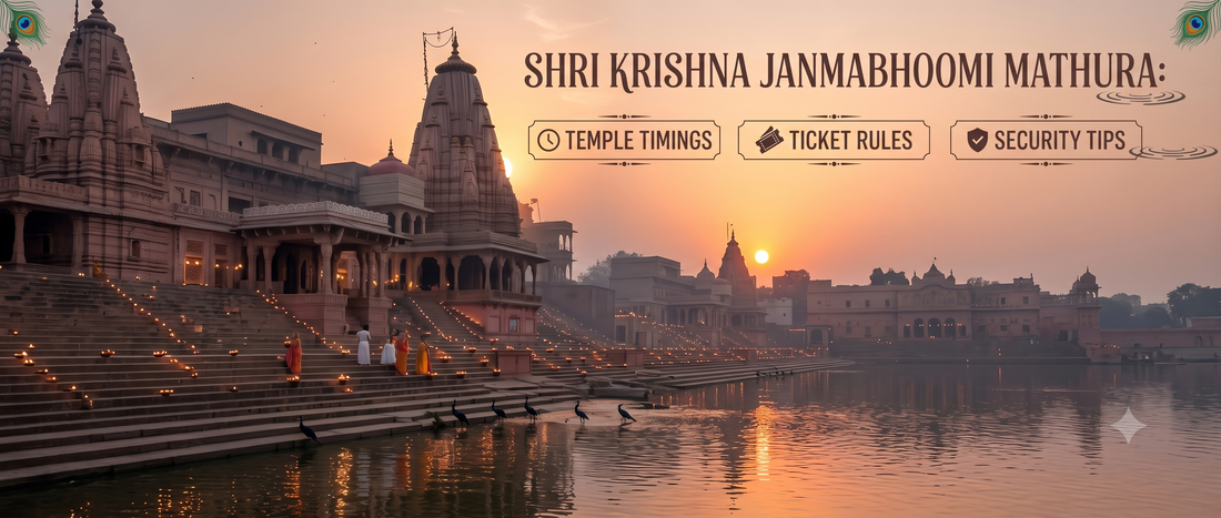 Infographic header for Shri Krishna Janmabhoomi Mathura at sunset.