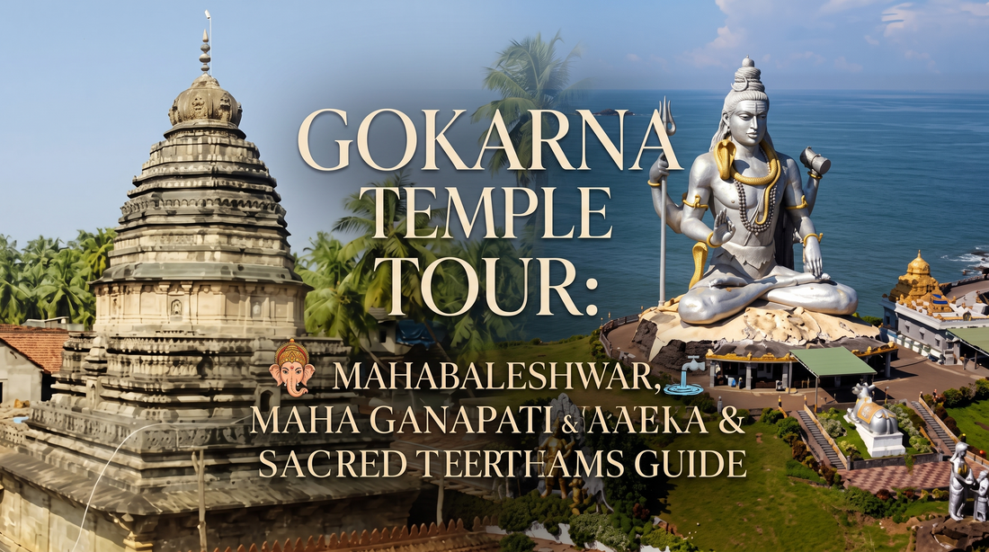 Composite image of a traditional stone temple alongside a giant statue of Lord Shiva by the ocean. Overlaid text details a guide to a Gokarna temple tour.