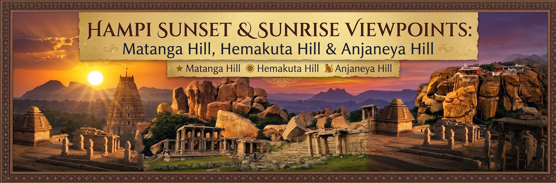 A banner collage of Hampi's sunset and ancient ruins with text listing top sunrise and sunset viewpoints.