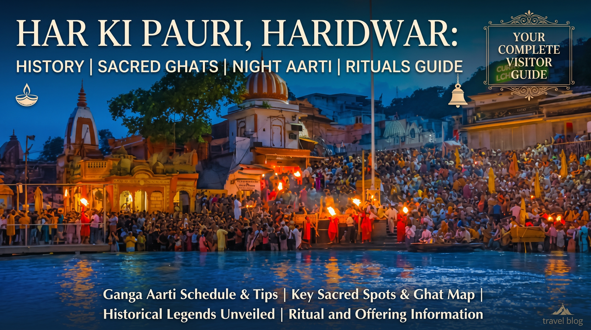 Promotional graphic for a travel blog guide about Har Ki Pauri, covering history, sacred ghats, night aarti, and ritual information.