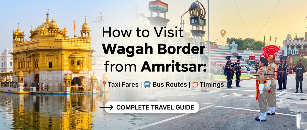Banner for a travel guide from Amritsar to Wagah Border. Splitside view of the Golden Temple and the border ceremony, with text guide details.