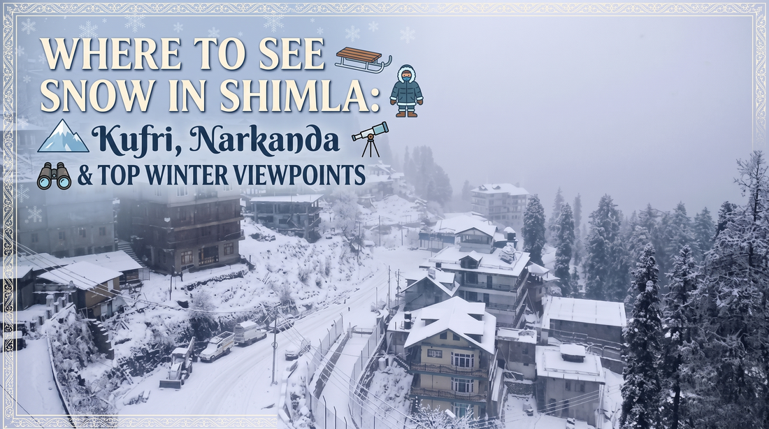 The Shimla hill station in winter, with text overlay guiding to Kufri, Narkanda, and top viewpoints. Icons of a sled, a person, and a mountain are included.