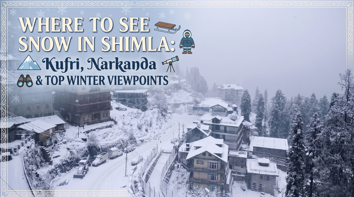 The Shimla hill station in winter, with text overlay guiding to Kufri, Narkanda, and top viewpoints. Icons of a sled, a person, and a mountain are included.