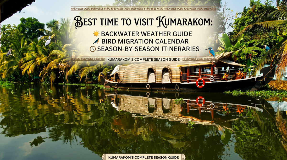 A traditional houseboat on a scenic backwater with a text overlay guide for visiting Kumarakom. Text highlights a weather guide, bird migration calendar, and season-by-season itineraries.