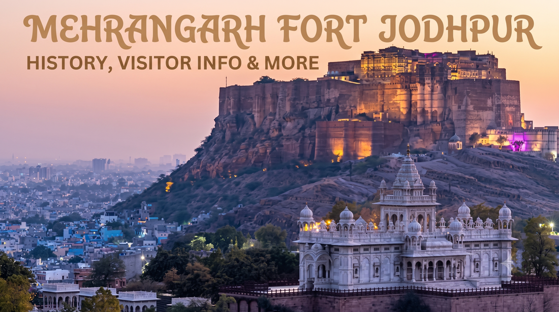Mehrangarh Fort and Jaswant Thada, Jodhpur, India. Large desert fort at sunset overlooking a blue city.