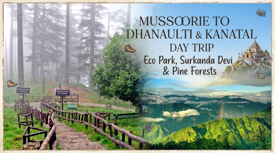 Title text details a day trip from Mussoorie to Dhanaulti and Kanatal with stops at Pine Forests and Surkanda Devi temple.