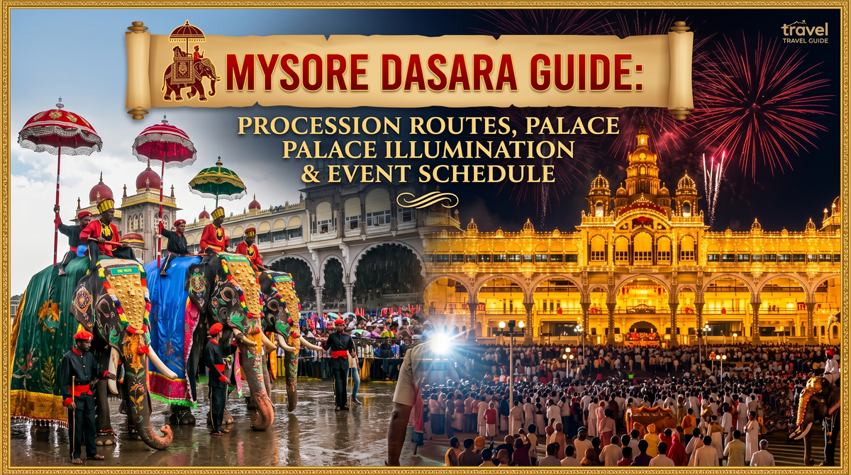 An infographic collage featuring the Mysore Palace illuminated at night and the traditional Dasara elephant procession, alongside text-based travel guide info.