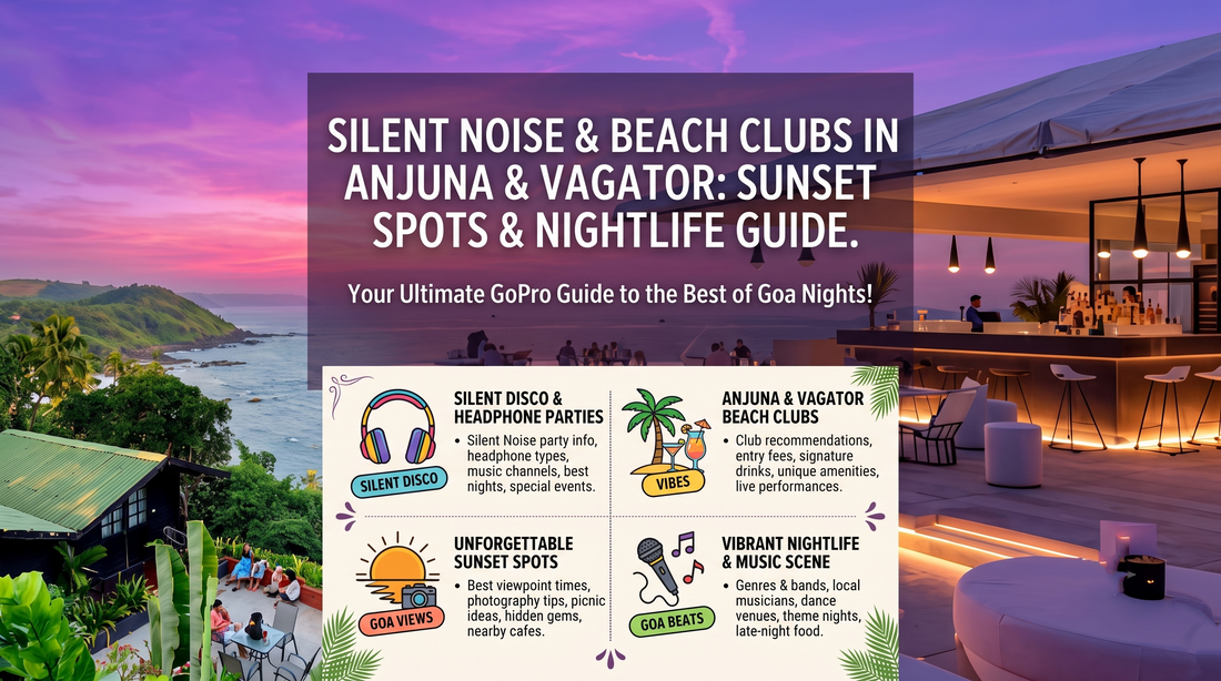 Infographic for Anjuna & Vagator travel, showcasing silent noise parties, beach clubs, sunset spots, and vibrant nightlife. Visual has a purple and pink sunset background with a beach club on the right and a cliff view on the left.