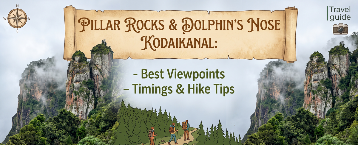 A scroll-themed travel guide header shows two hikers facing a forest path between towering, cloud-shrouded mountain pillars. Text details viewpoints and hike tips for Kodaikanal.