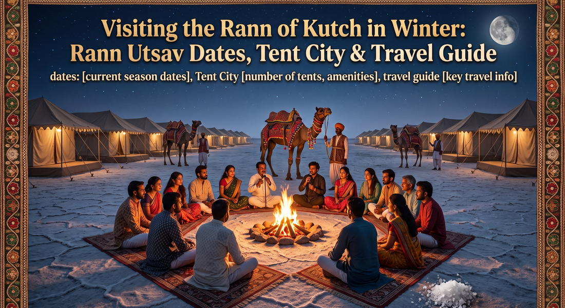 Rows of illuminated tents and decorated camels with handlers frame the gathering, with a full moon visible in the starry sky.