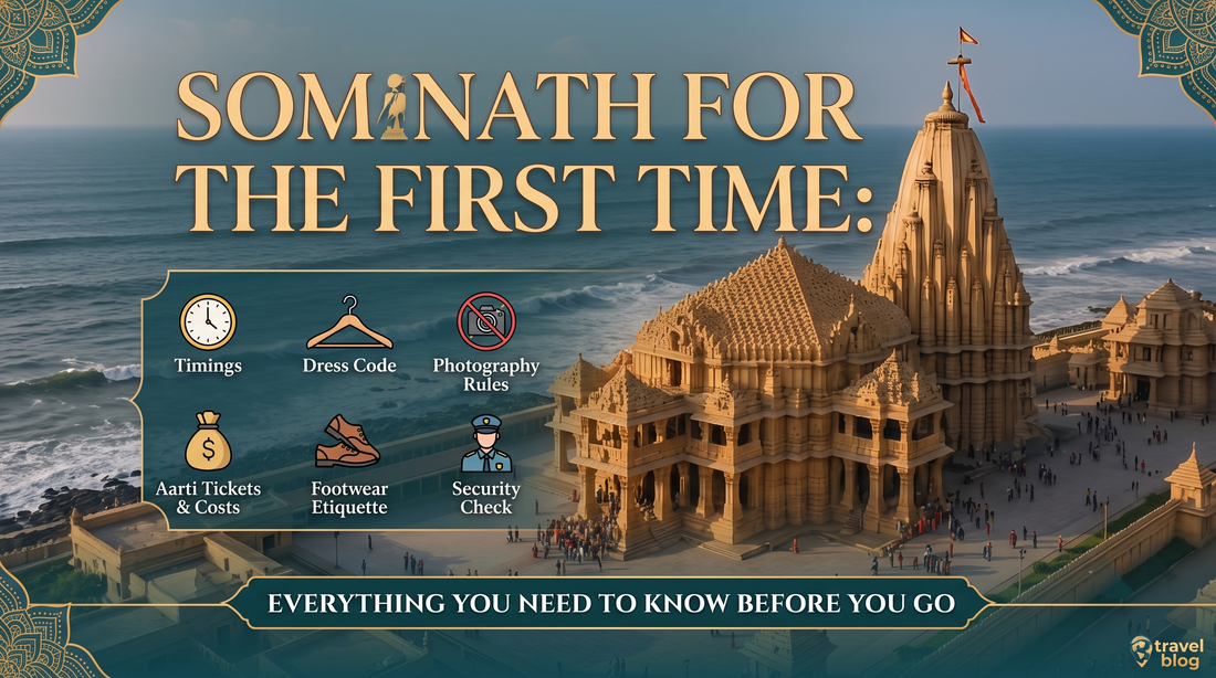 An introductory guide for Somnath first-time visitors with temple views. Icons show key tips: timings, dress code, photography, tickets, etiquette, and security.