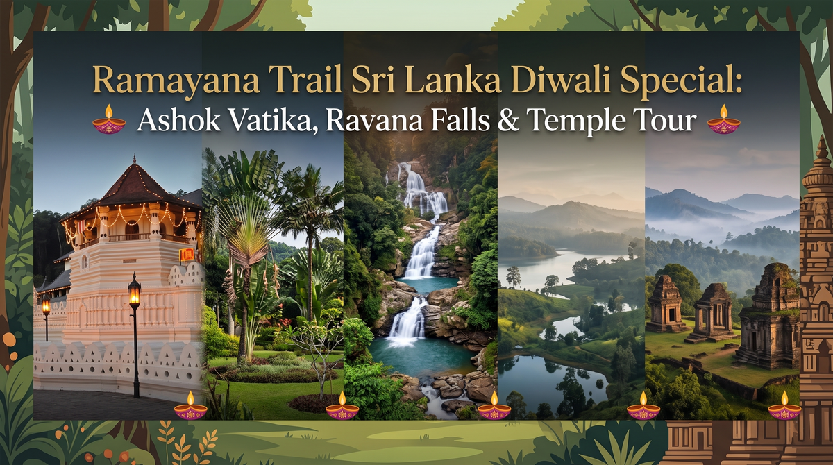 Promotional image for a Sri Lanka Ramayana Trail tour, featuring four scenic panels with temples, a garden, a waterfall, and mountain landscapes, with Diwali-themed text and oil lamps.