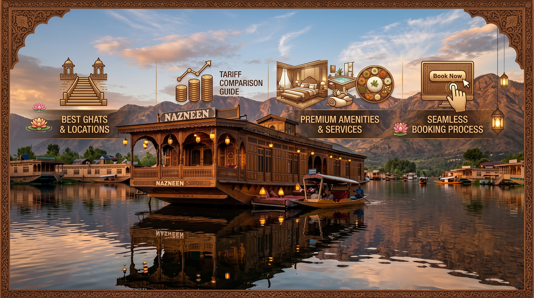 An infographic featuring a traditional houseboat named "Nazneen" on a lake against a mountainous backdrop. Icons with text describe the best ghats, tariff comparison, premium amenities, and seamless booking for a travel blog.