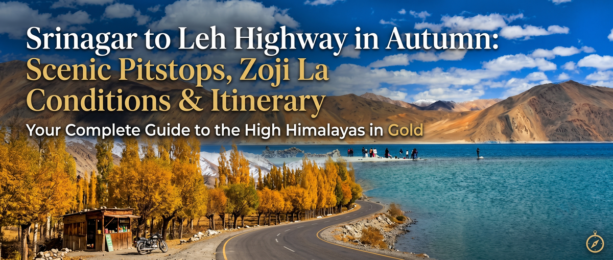 A wide travel banner featuring the Srinagar to Leh Highway with vibrant golden autumn trees and a turquoise lake. Overlaid text offers a guide on scenic pitstops, Zoji La conditions, and an itinerary.