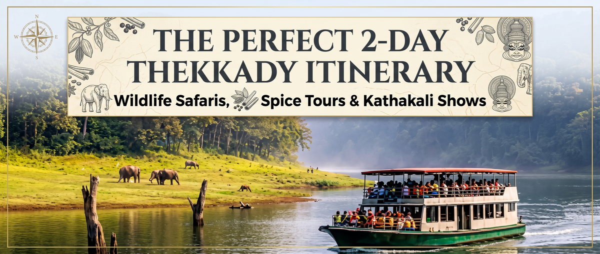 A scenic view of a lake in Thekkady, with elephants on the far bank and a tour boat full of passengers. An overlay provides text for a 2-day itinerary including wildlife safaris and spice tours.
