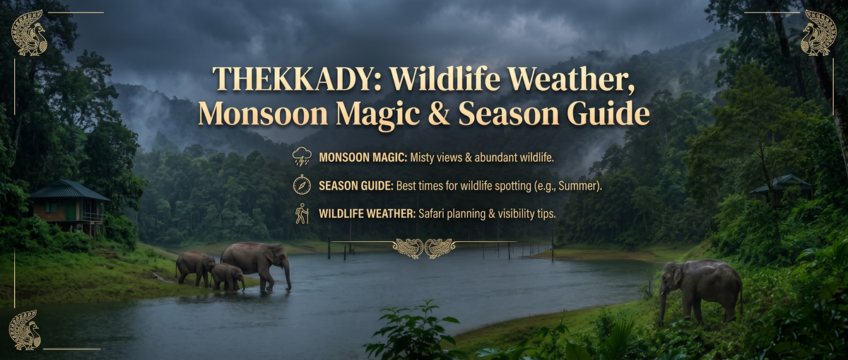 Infographic for Thekkady travel, with a guide on weather, monsoon magic, and seasons. Background shows misty mountains, a lake, and elephants on the shore.