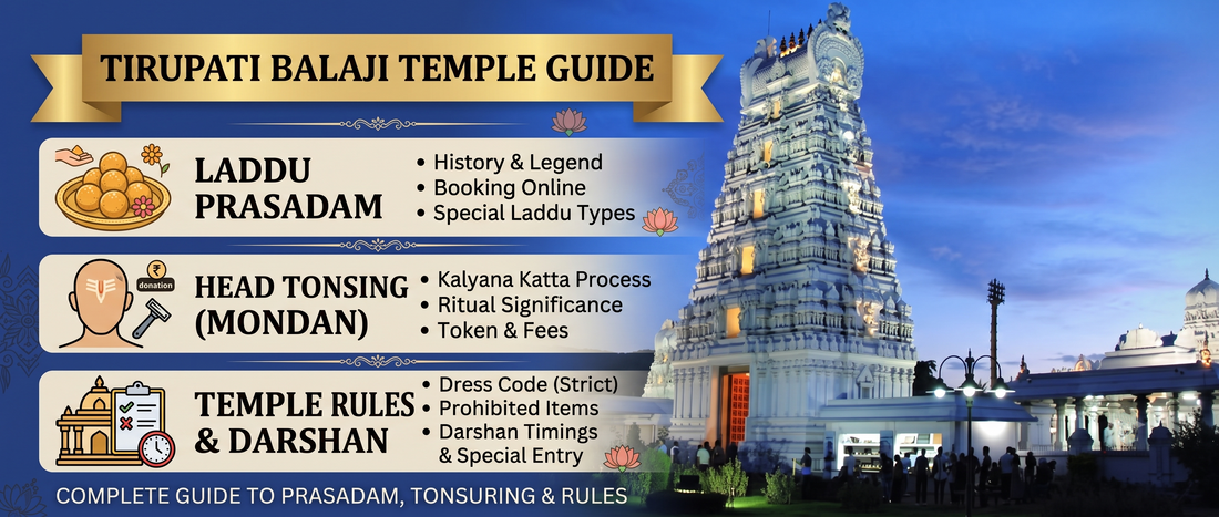 Detailed infographic for Tirupati Balaji Temple Guide on a blue background. Includes icon-led sections for Laddu Prasadam, Head Tonsing, and Temple Rules with bullet points.
