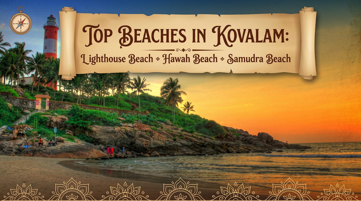A travel banner for Kovalam, with a lighthouse on a rocky, palm-fringed coast at sunset. Overlaid text on a scroll names Lighthouse Beach, Hawah Beach, and Samudra Beach.
