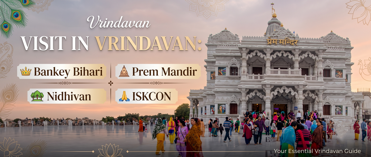 A travel guide banner for Vrindavan, featuring a large white ornate temple and a crowd. Text highlights popular spots: Bankey Bihari, Prem Mandir, Nidhivan, and ISKCON.