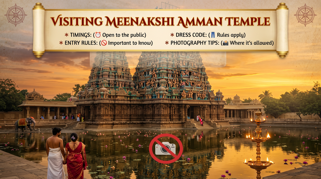 Visitor guide for the Meenakshi Amman Temple with a scroll, temple backdrop, and rules. This graphic highlights information like dress code and photography rules, featuring a temple with a reflection in water.