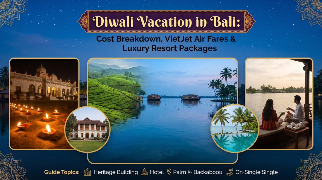 A travel banner for a Diwali vacation in Bali, including cost breakdown, flight, and resort package information. The banner features photos of heritage buildings, backwaters with houseboats, tea plantations, and a luxurious beach resort.
