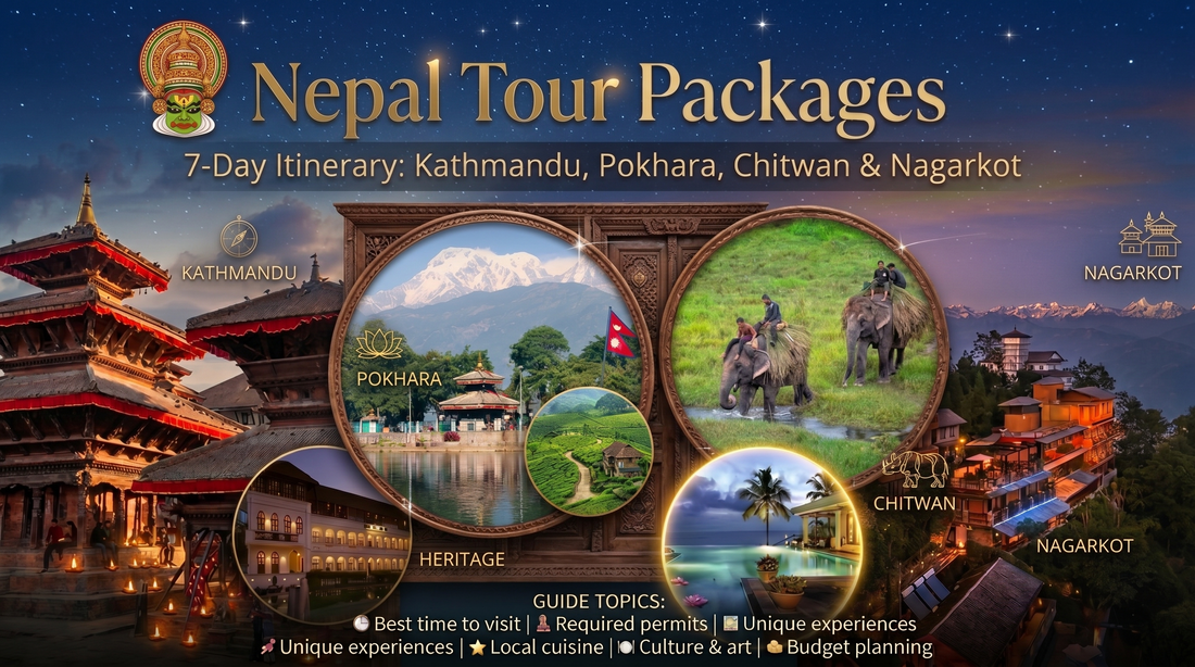 An informative travel graphic for Nepal tour packages, combining scenic images of destinations like Kathmandu, Pokhara, Chitwan, and Nagarkot with detailed itinerary highlights and guide topics.