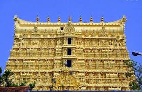 A dark mode website interface displaying asset details for an image of the historic Sree Padmanabhaswamy Temple in Kerala, featuring its grand gold-colored Dravidian gateway tower against a bright sky, with a sidebar containing file names, dimensions, and automated text suggestions.