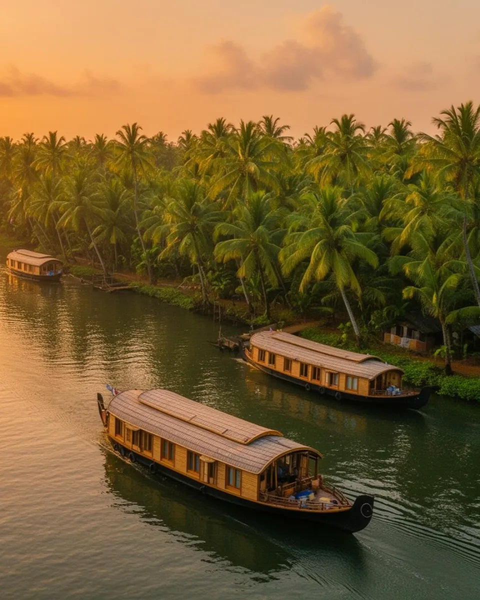 A peaceful evening scene in the Kerala backwaters featuring two traditional wooden houseboats, or kettuvallams, anchored on a quiet river. Dense green coconut palm trees line the opposite bank under a soft orange and cloudy sunset sky.