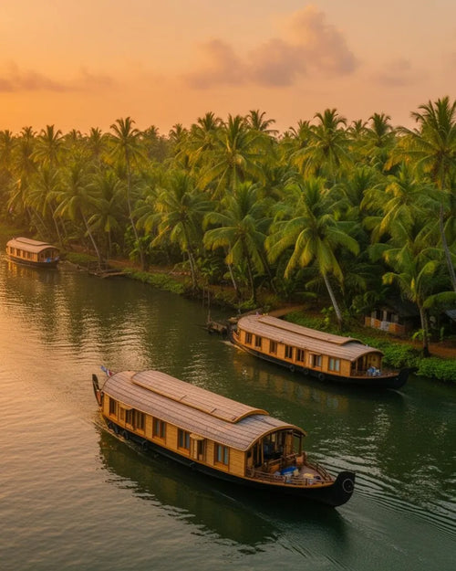 A peaceful evening scene in the Kerala backwaters featuring two traditional wooden houseboats, or kettuvallams, anchored on a quiet river. Dense green coconut palm trees line the opposite bank under a soft orange and cloudy sunset sky.
