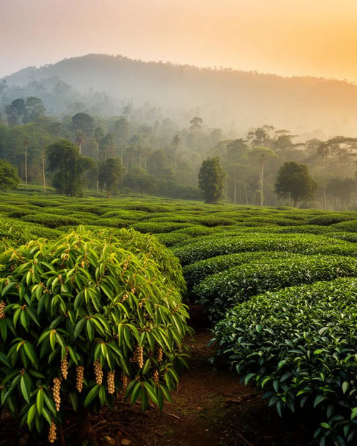 A close-up view of lush green tea leaves transitioning into vast, terraced rows of a tea plantation. In the background, misty hills and a dense forest are bathed in the soft, golden light of a hazy sunset.